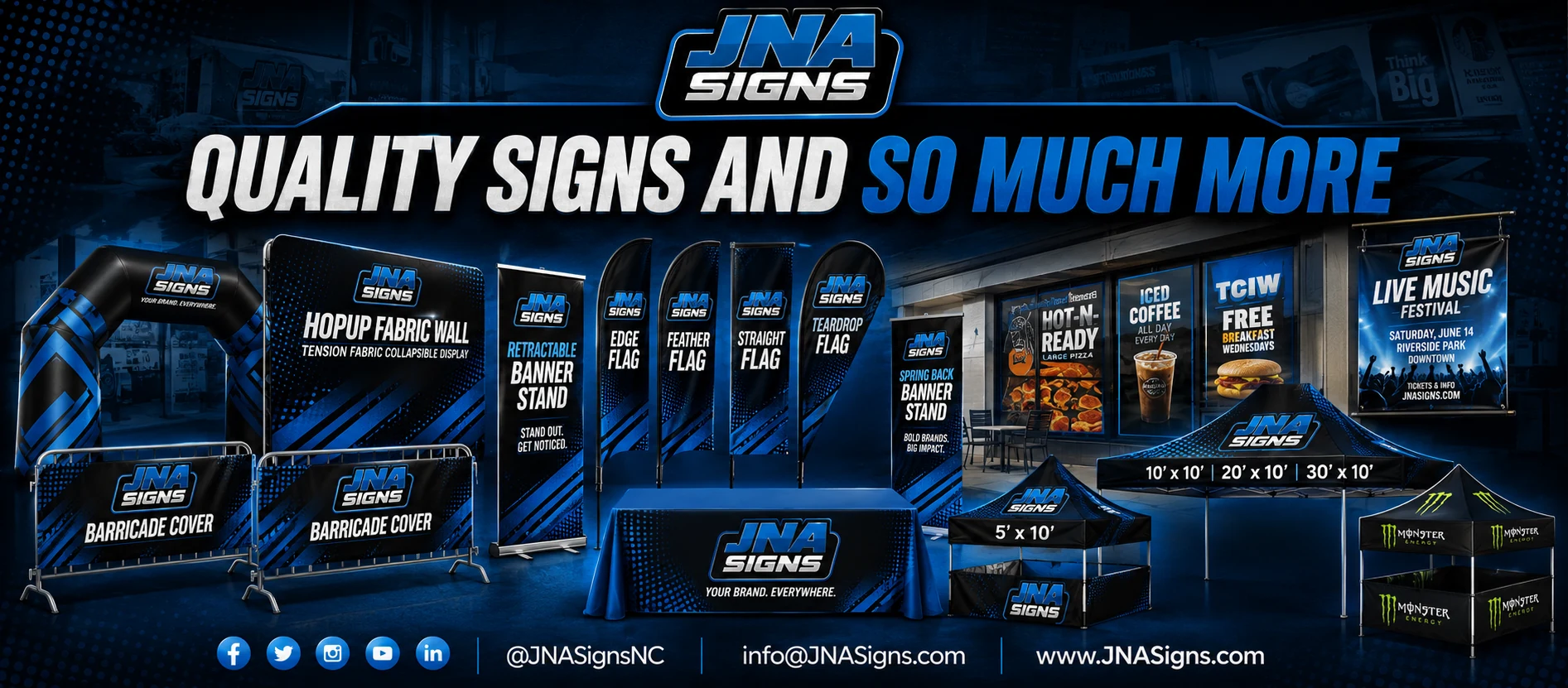 JNA Signs branded banners, flags, tents, barricade covers and event displays in the black, blue, white and metallic JNA theme